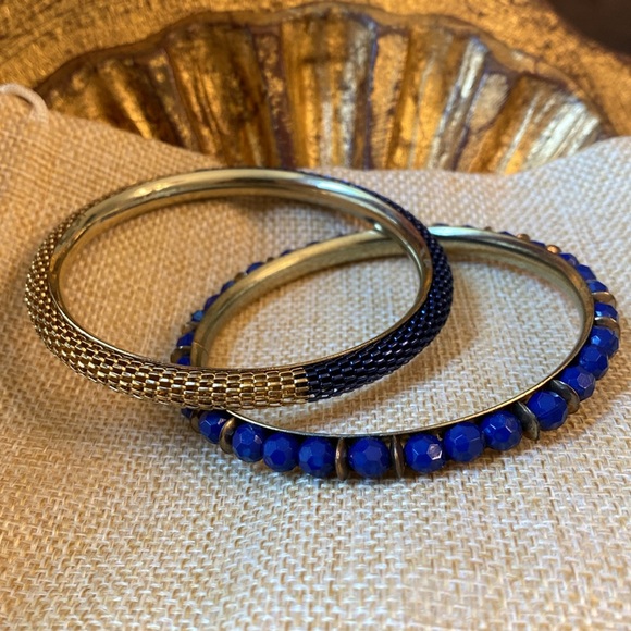 Vintage Brassy Gold & Blue Vintage Boho Luxe Bangles - Picture 5 of 9
